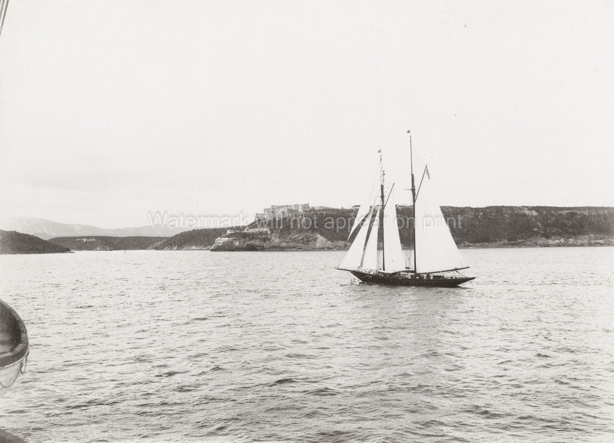 Santiago Cuba Harbour Sailing Boat Schooner Seascape Coastline Vtg. Photo 19thC.