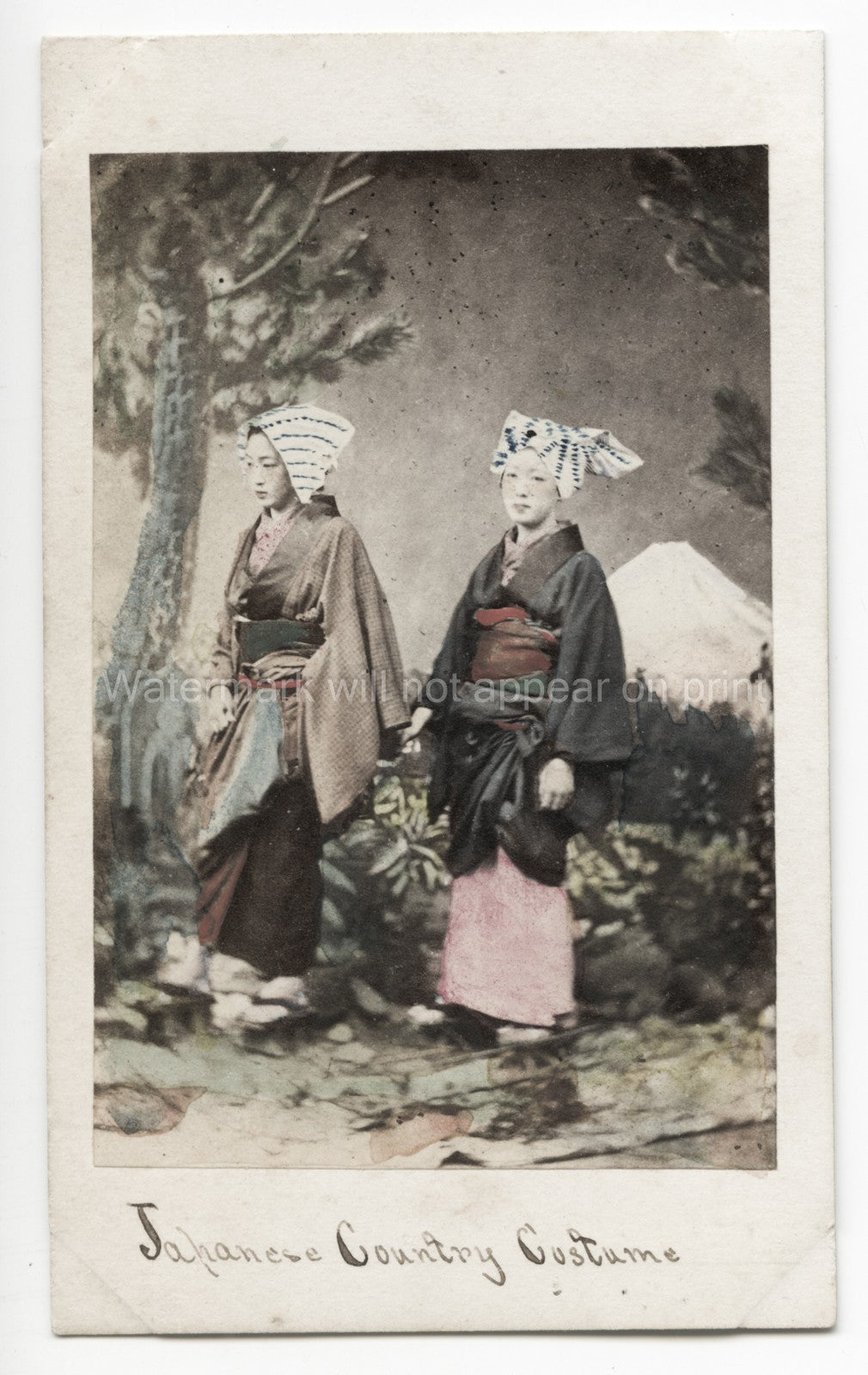 Japan 2 Women Traditional Country Clothing Kimono Headwear Vtg. Photo 19thC.