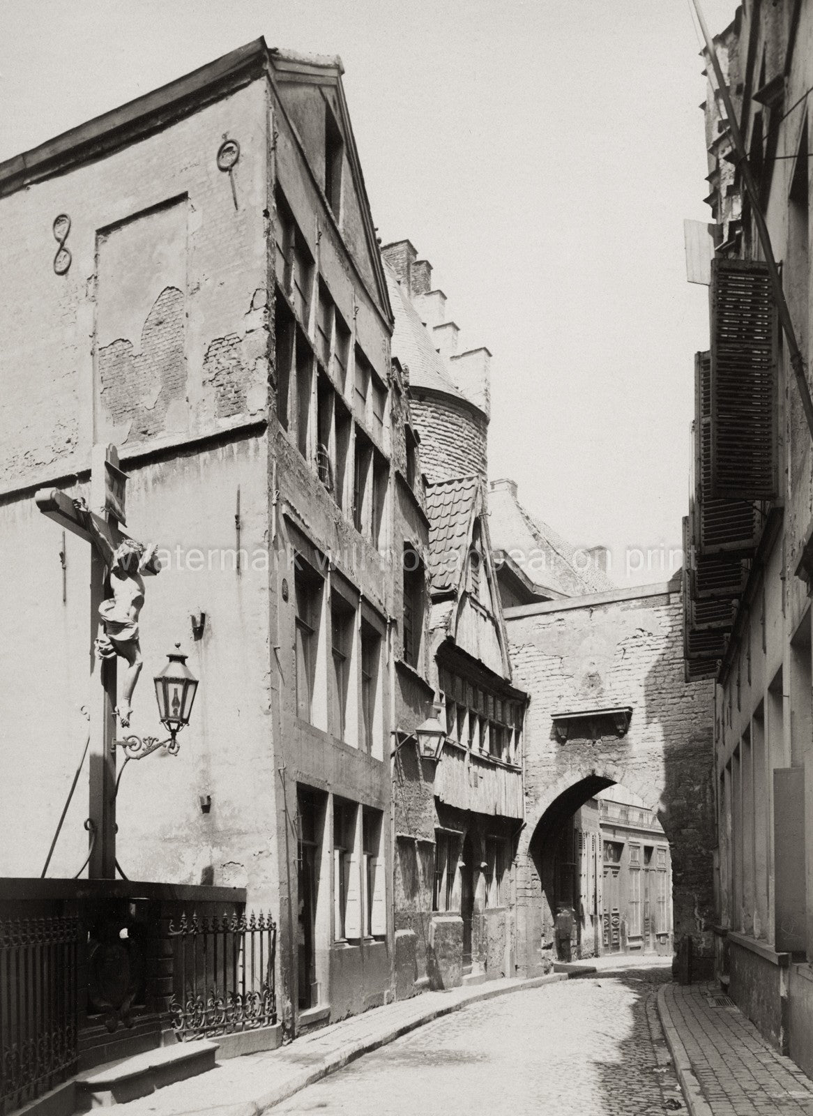 Antwerp Anvers Belgium Street Scene Crucifix Cobblestone Vtg. Photo 19thC.