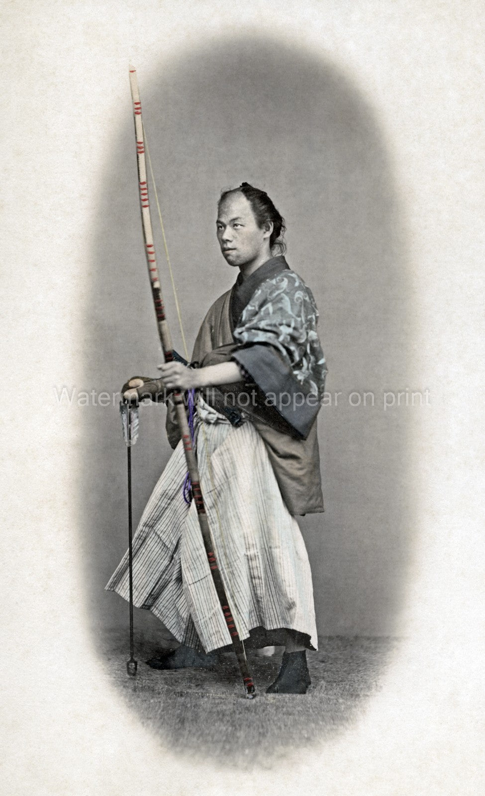 Japanese Archer Bow Arrow Samurai Warrior Kimono Vtg. Photo 19thC.