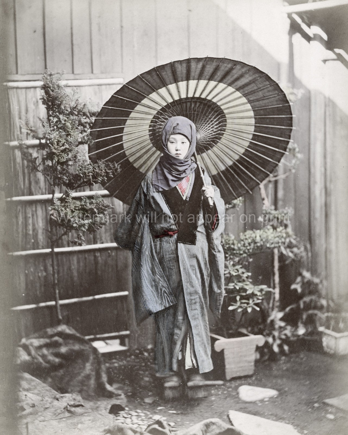 Japanese Woman Winter Costume Kimono Umbrella Parasol Portrait Vtg. Photo 19thC.
