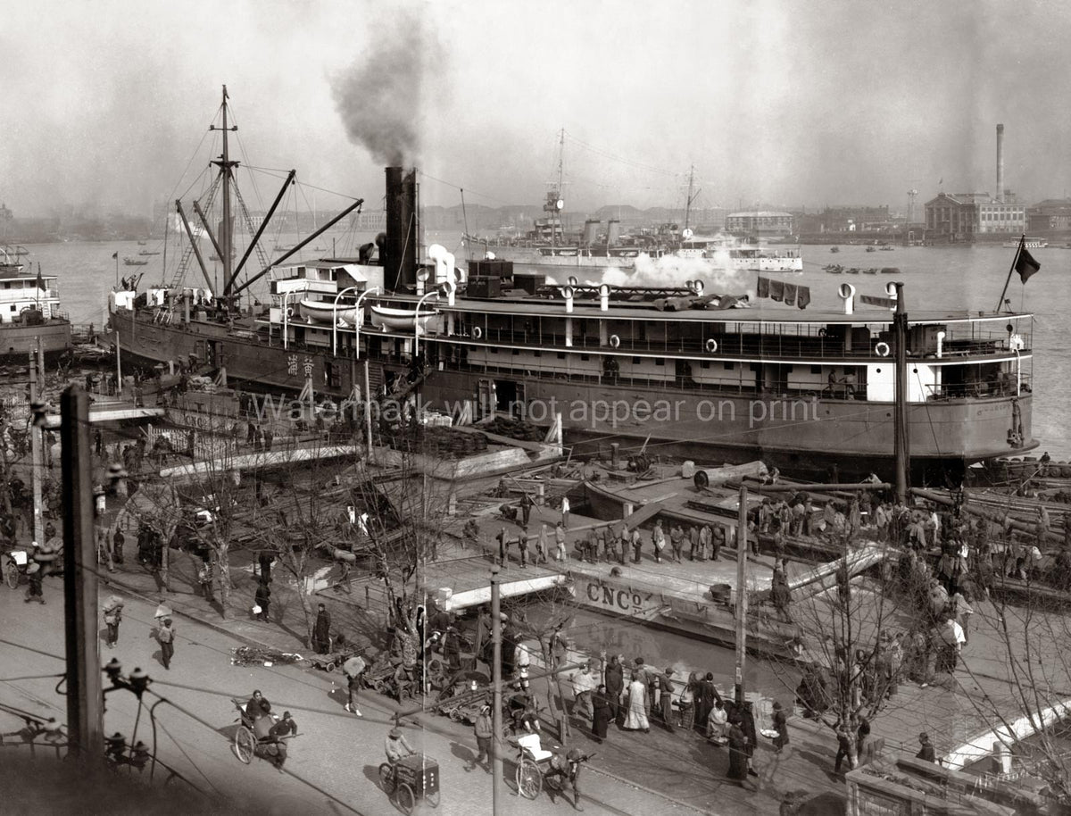 Shanghai China Passenger Ship Harbor Dock Steamer Riverfront Vtg. Photo 19thC.