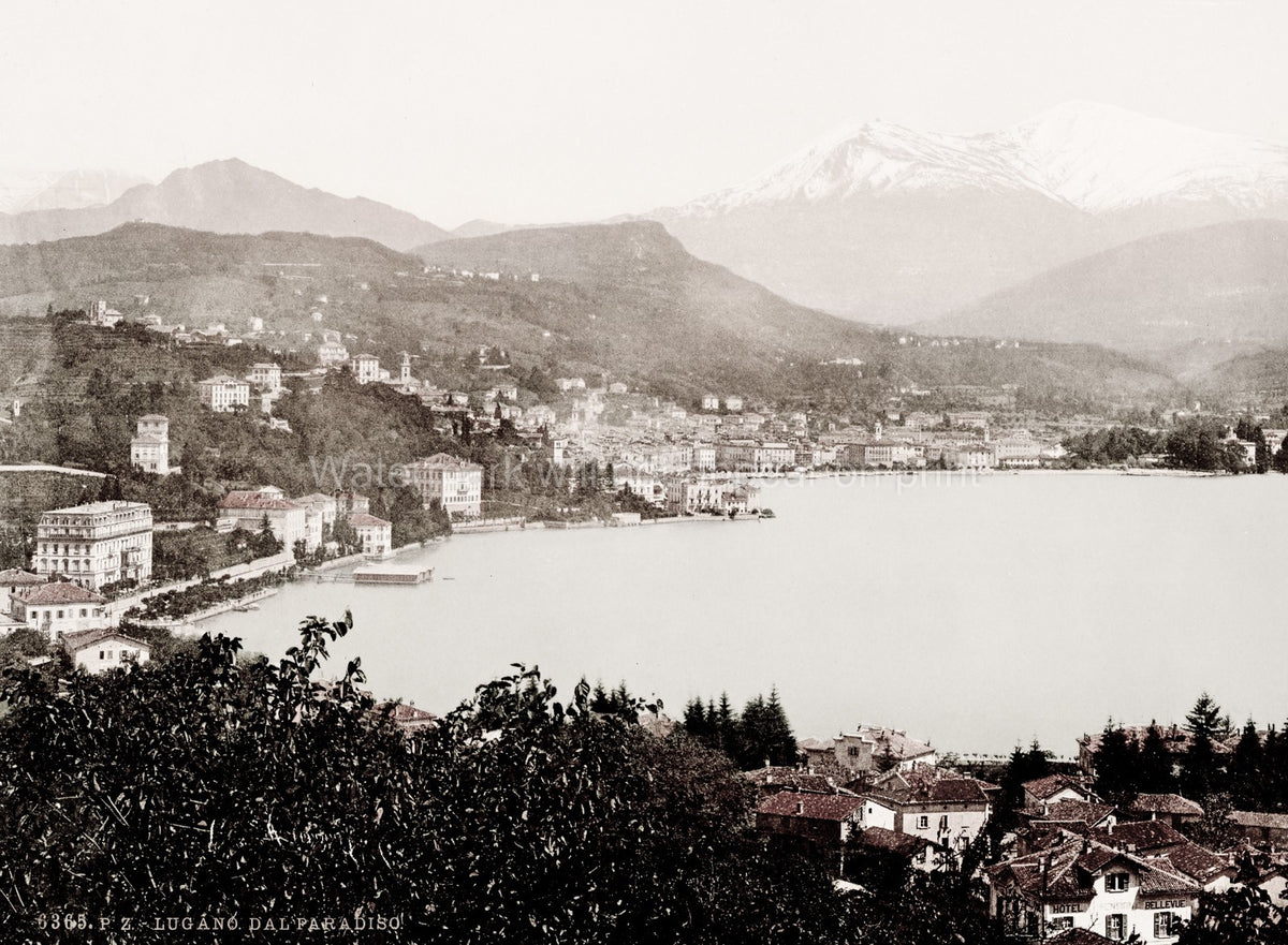 Lugano Italy Lake View Cityscape Alpine Mountains Panorama Vtg. Photo 19thC.