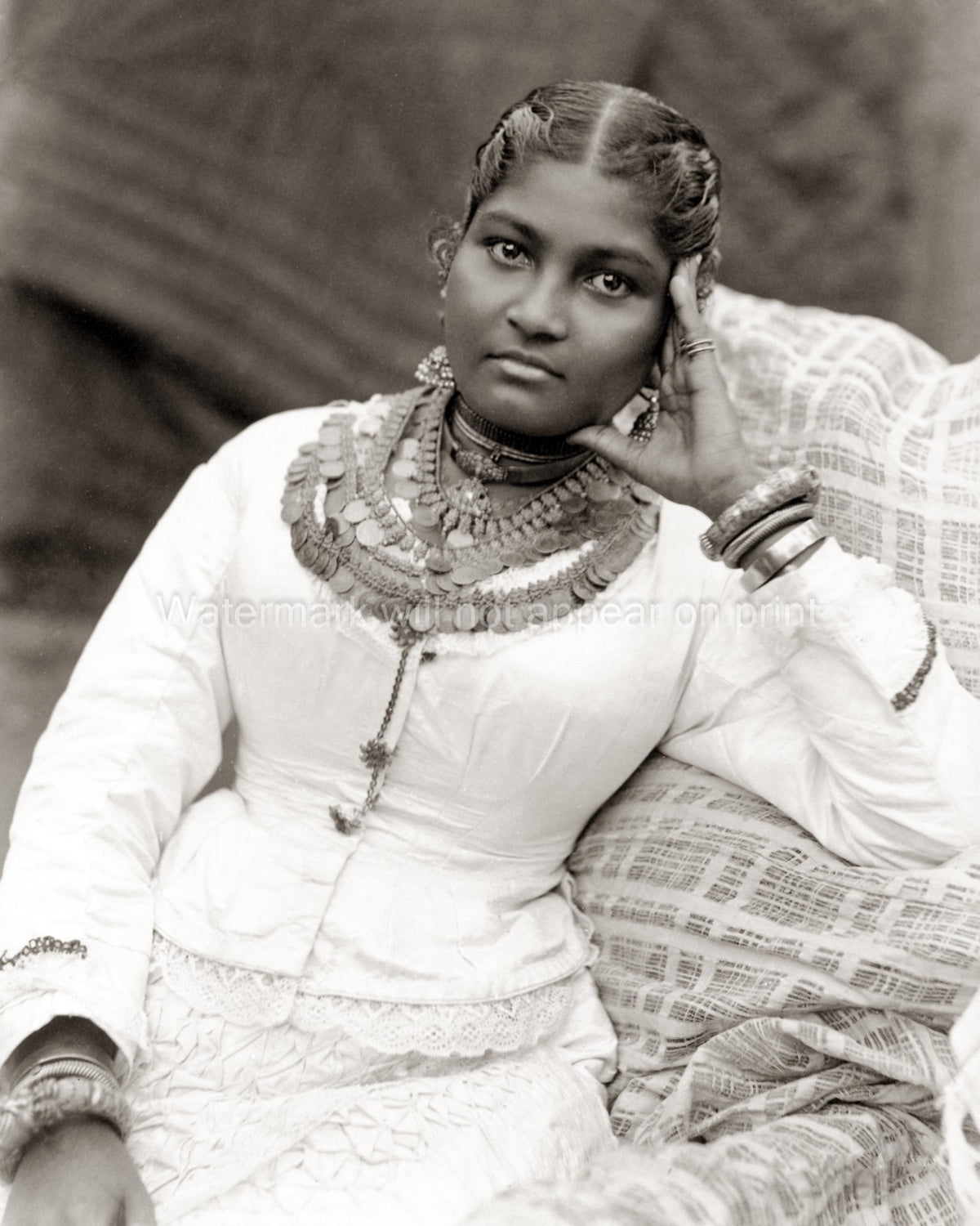 Sri Lankan Woman Ceylon Portrait Ornate Jewelry Traditional Vtg. Photo 19thC.