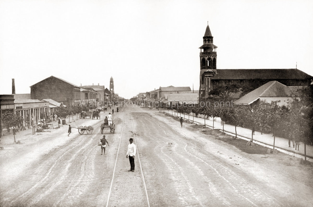 Durban South Africa West Street Scene Church Carts Tram Tracks Vtg. Photo 19thC.