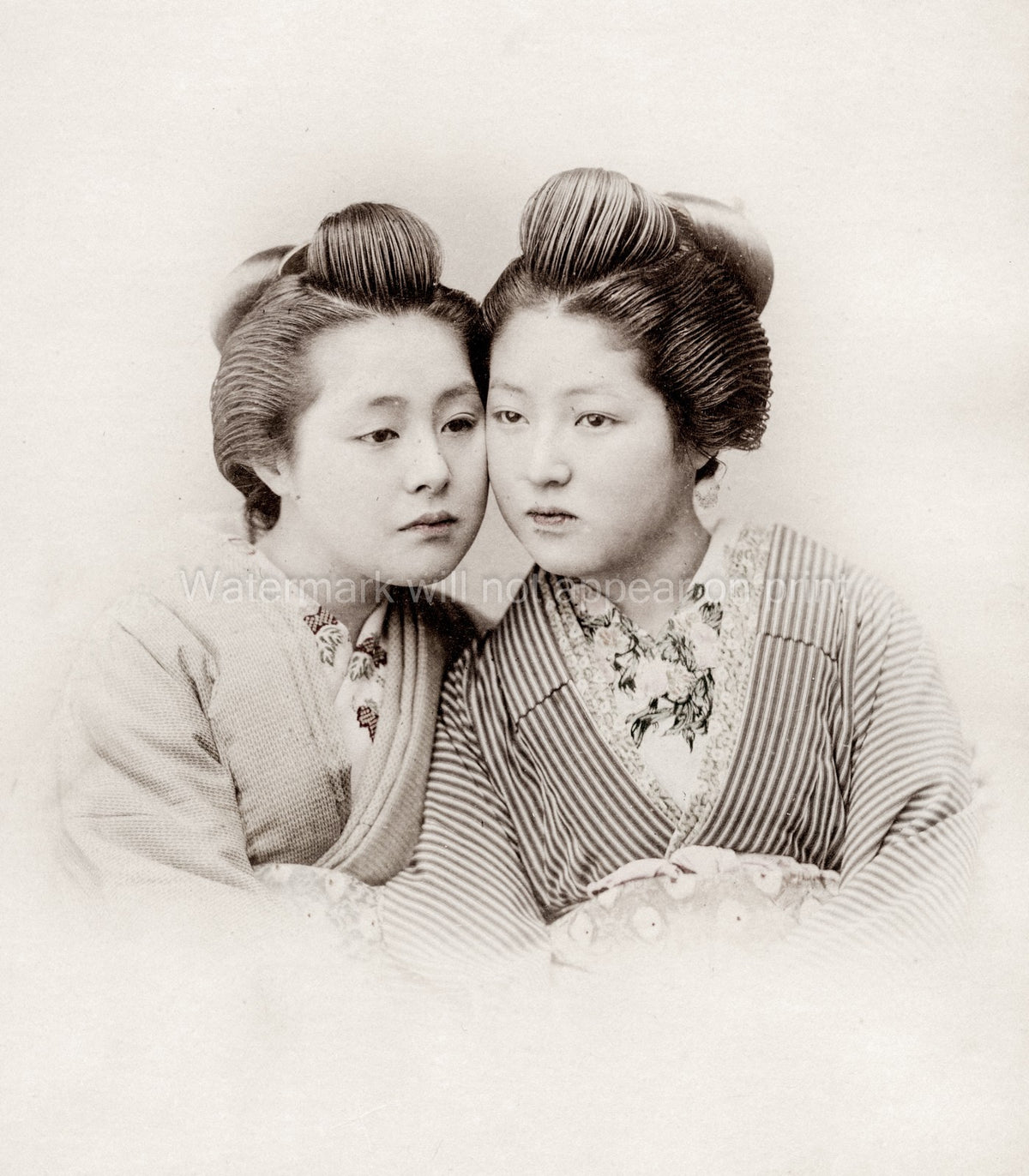 Young Japanese Women Portrait Traditional Kimono Hairstyle Vtg. Photo 19thC.