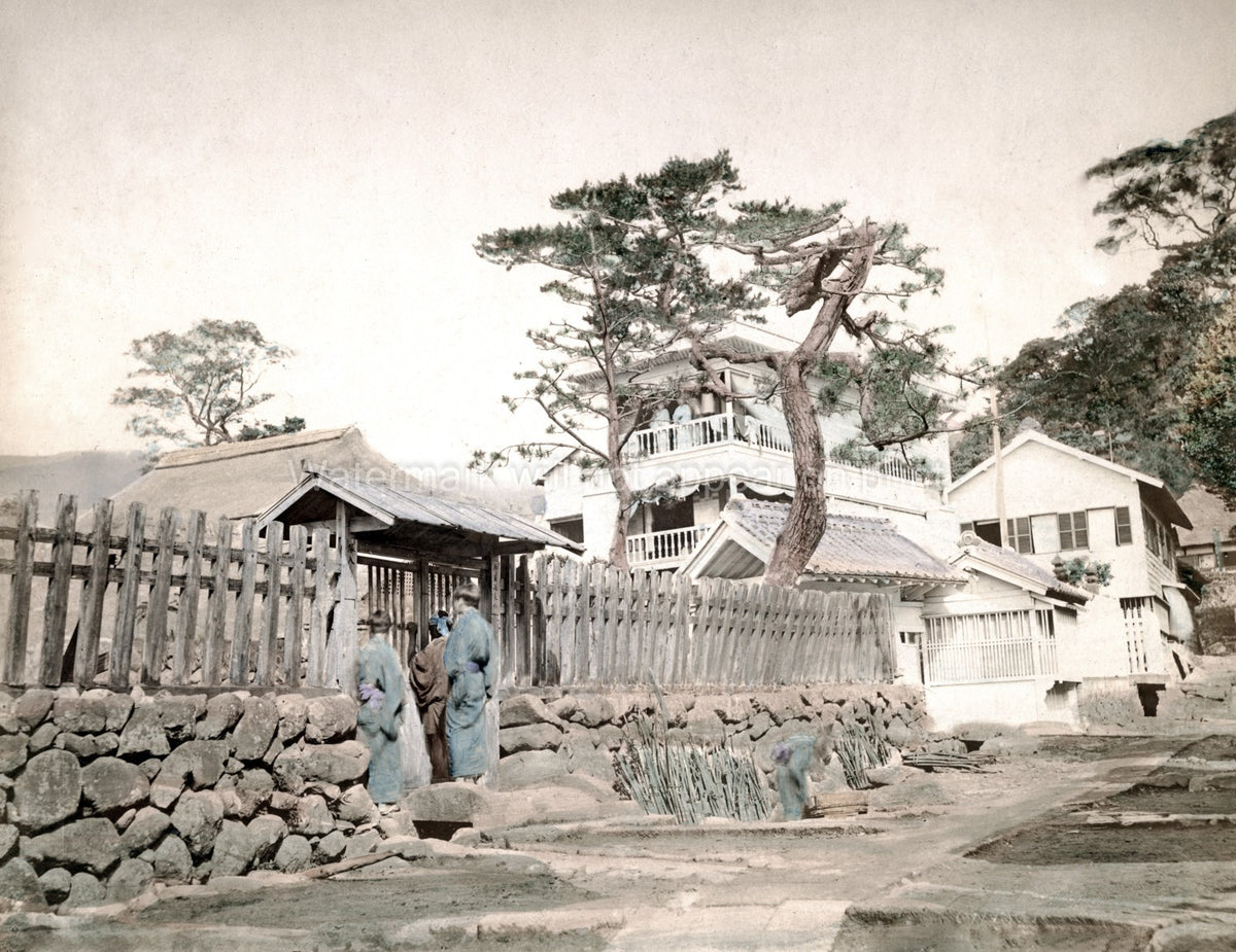 Atami Japan Hot Springs Inn Kimono Pine Tree Architecture Vtg. Photo 19thC.
