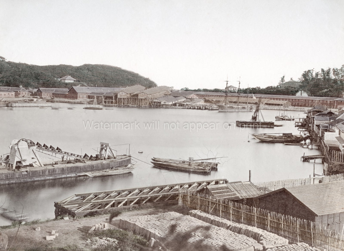 Japan Dockyard Waterfront Warehouses Harbor Ships Shipyard Vtg. Photo 19thC.