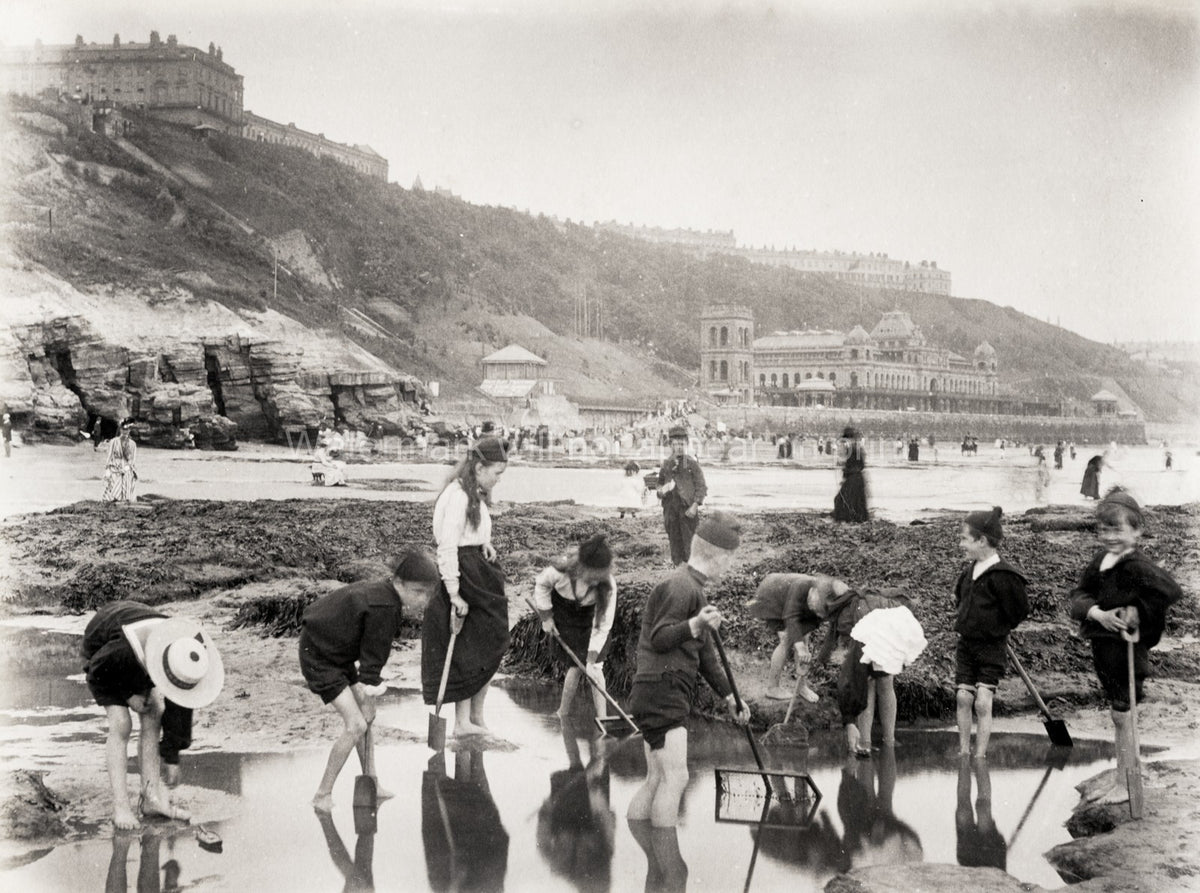 Scarborough Beach Children Playing Shovels Nets Resort Vtg. Photo 19thC.