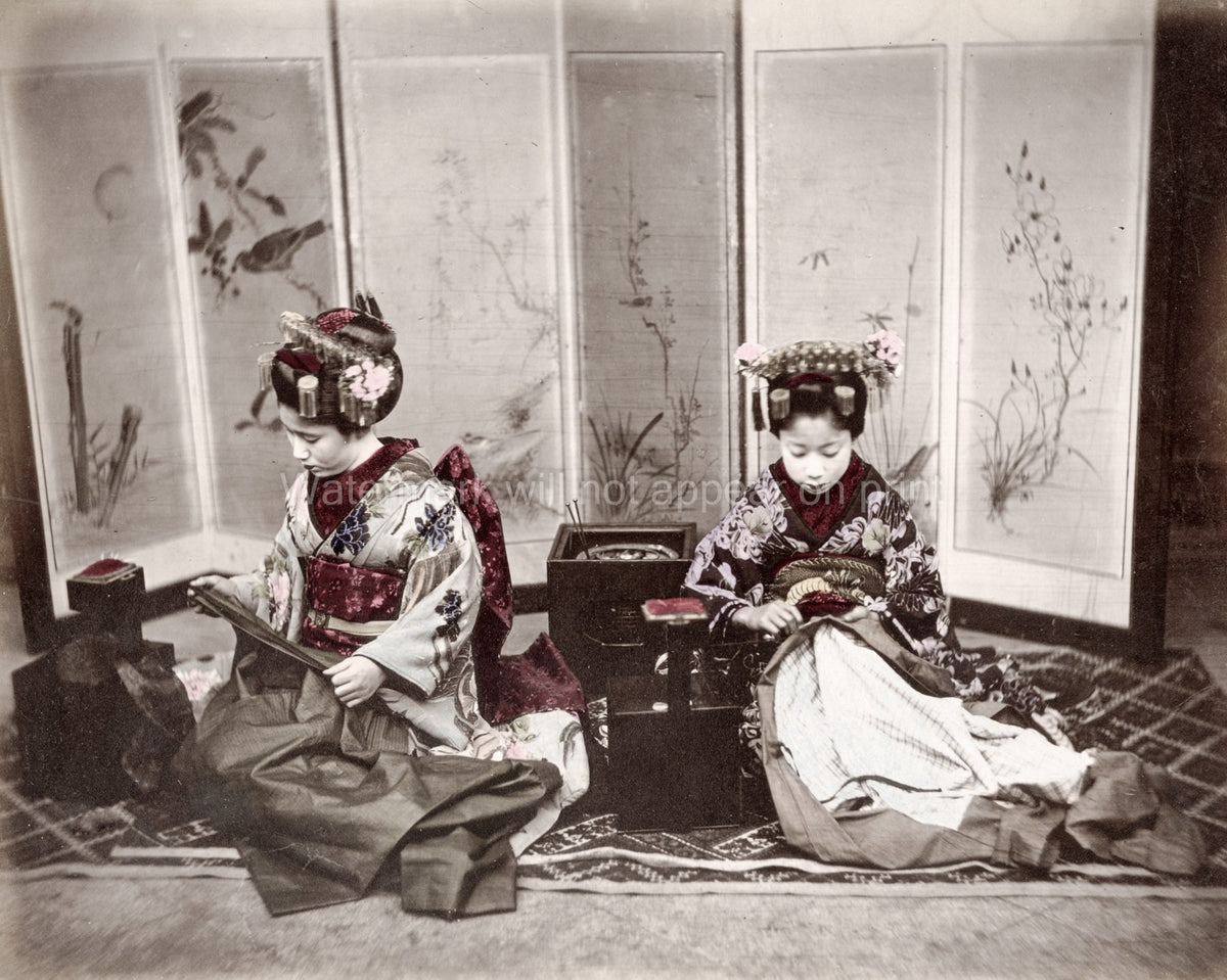 Japanese Geishas Sewing Clothes Kimono Hairstyle Folding Vtg. Photo 19thC.
