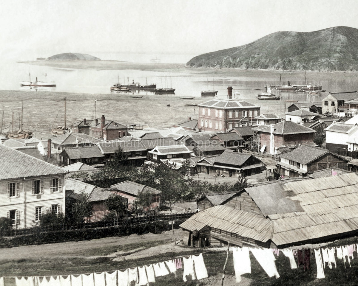 Chemulpo Korea Coastline Boats Harbor Townscape Port Vtg. Photo 19thC.