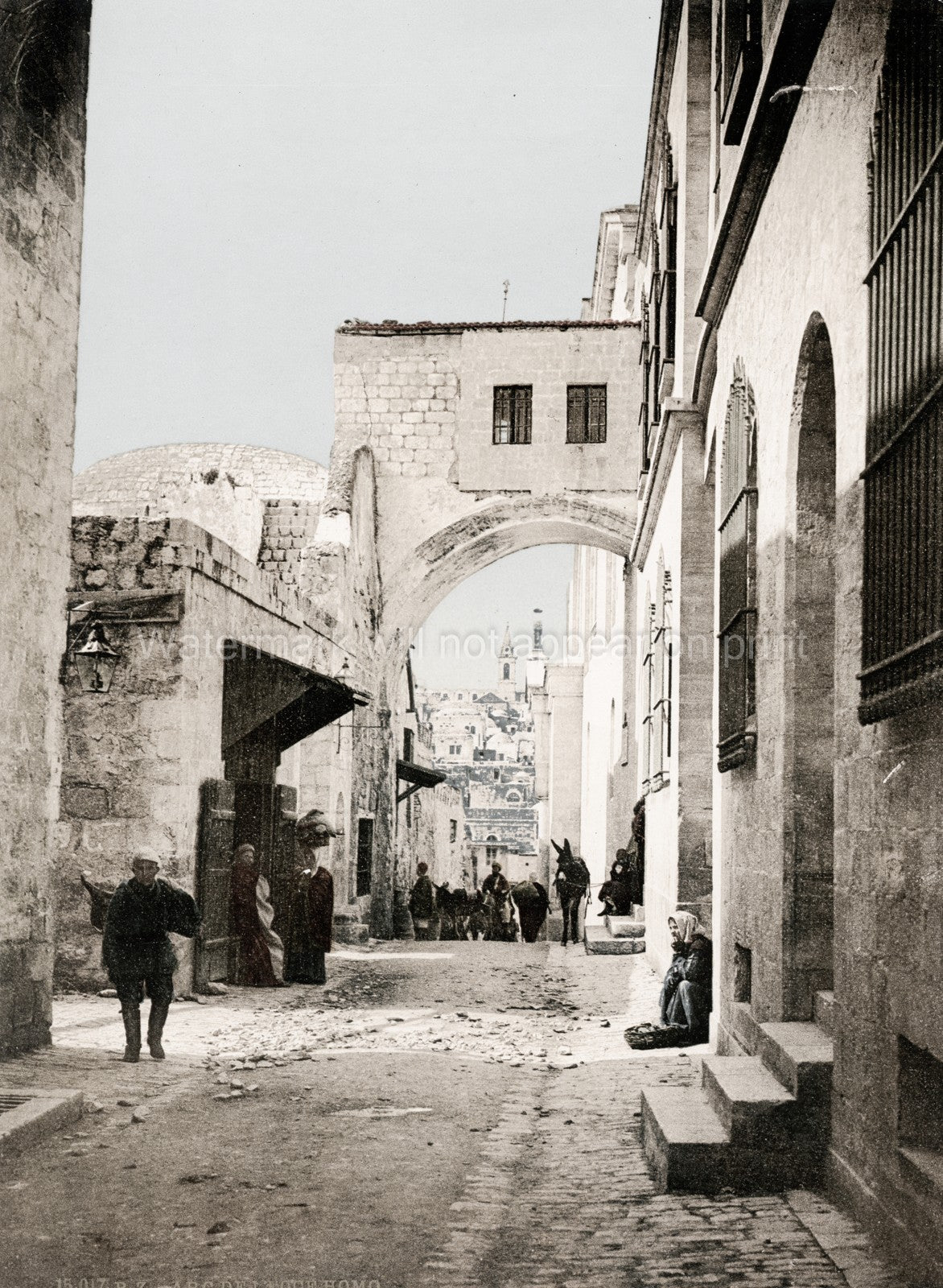 Jerusalem Ecce Homo Arch Palestine Street Scene People Donkeys Vtg. Photo 19thC.