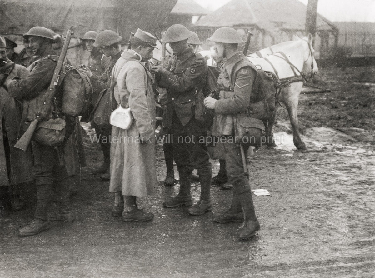WW1 British French Soldiers Talk Muddy Camp Rifles Vtg. Photo