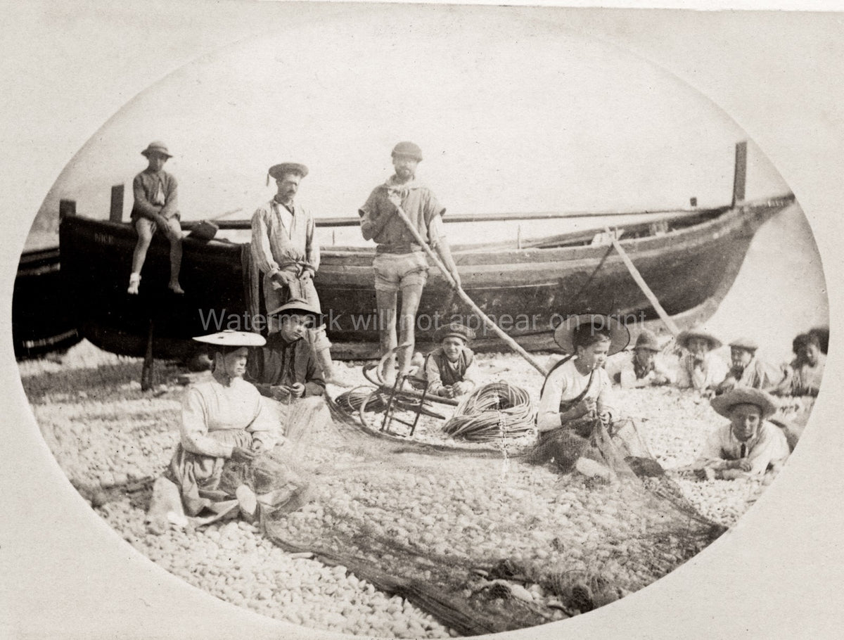 Menton France Fishing Community Mending Nets Pebble Beach Vtg. Photo 19thC.