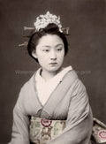 Japan Geisha Flowers Hair Kimono Portrait Vtg. Photo 19th 19thC.