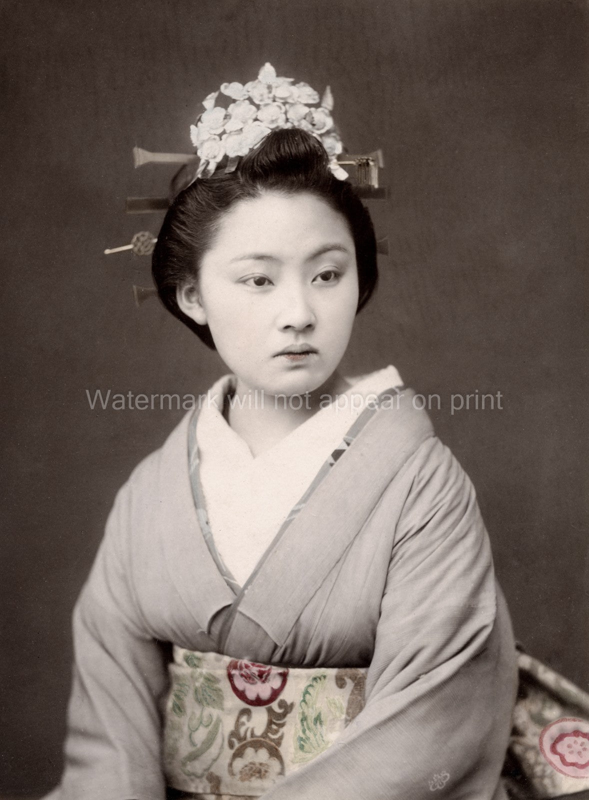 Japan Geisha Flowers Hair Kimono Portrait Vtg. Photo 19th 19thC.
