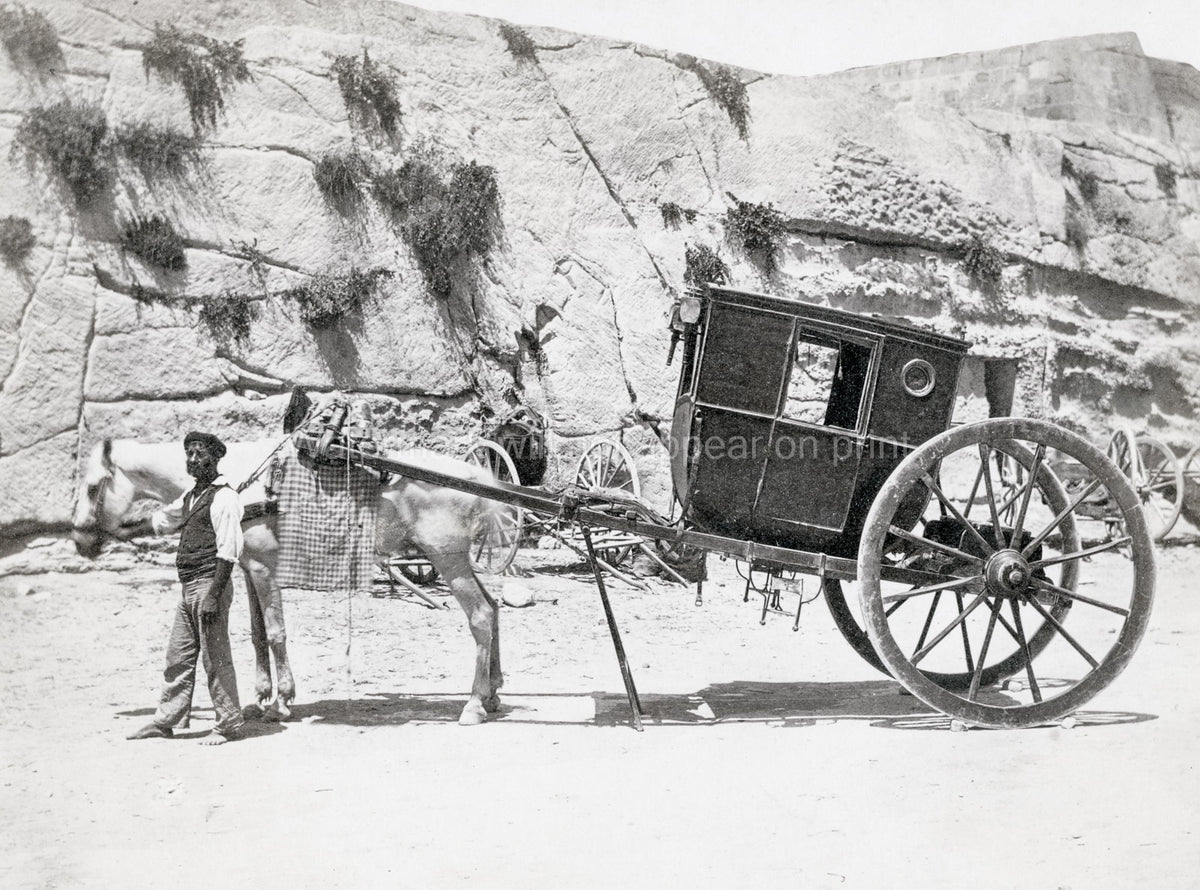Malta Horse Drawn Carriage Calesse Driver Stone Wall Vtg. Photo 19thC.