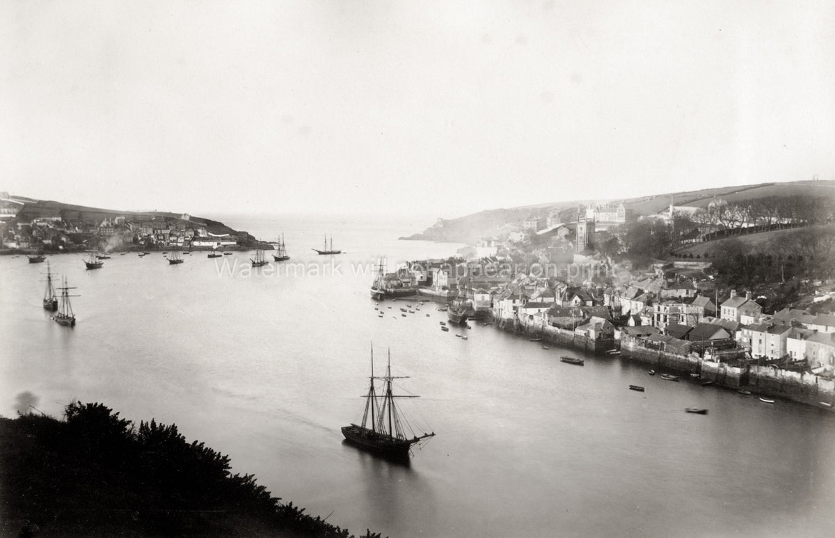 Fowey Cornwall Harbour Estuary Sailing Ships Boats Town Vtg. Photo 19thC.