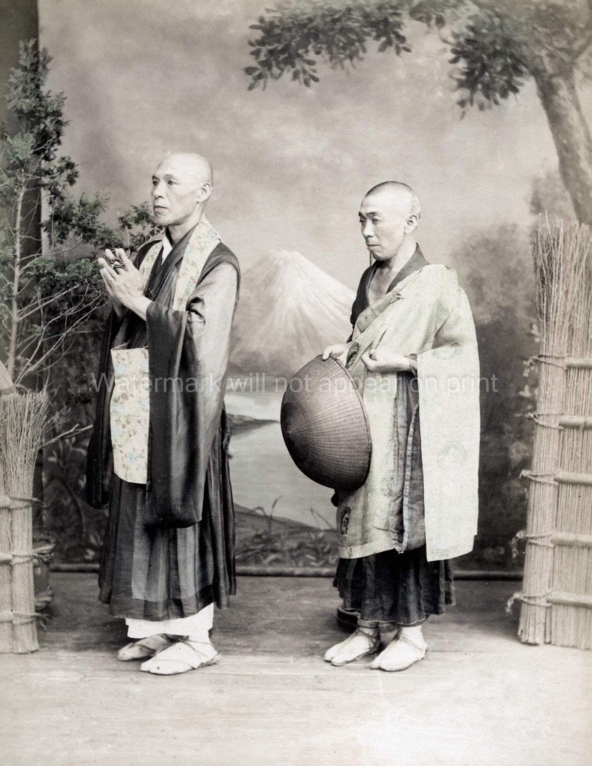 Japan Buddhist Pilgrims Monks Robes Shaved Heads Studio Vtg. Photo 19thC.