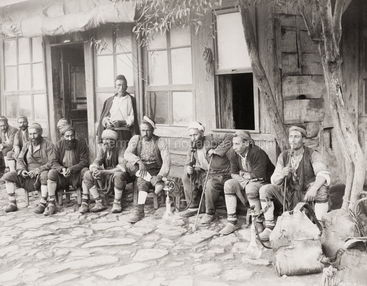 Turkish Men Traditional Dress Smoking Hookah Constantinople Vtg. Photo 19thC.