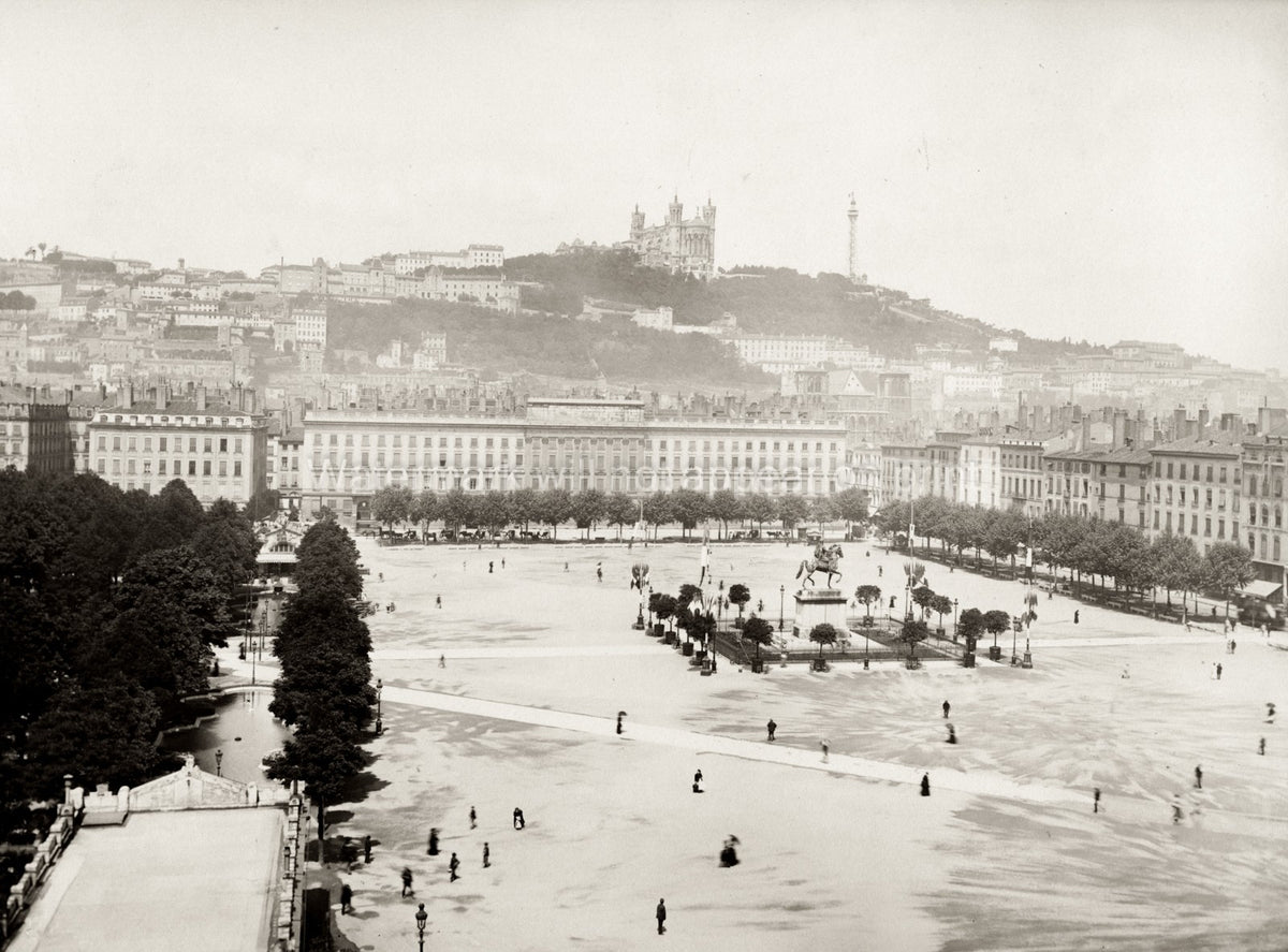 Lyon France Place Bellecour Panorama Cityscape Statue Basilica Vtg. Photo 19thC.