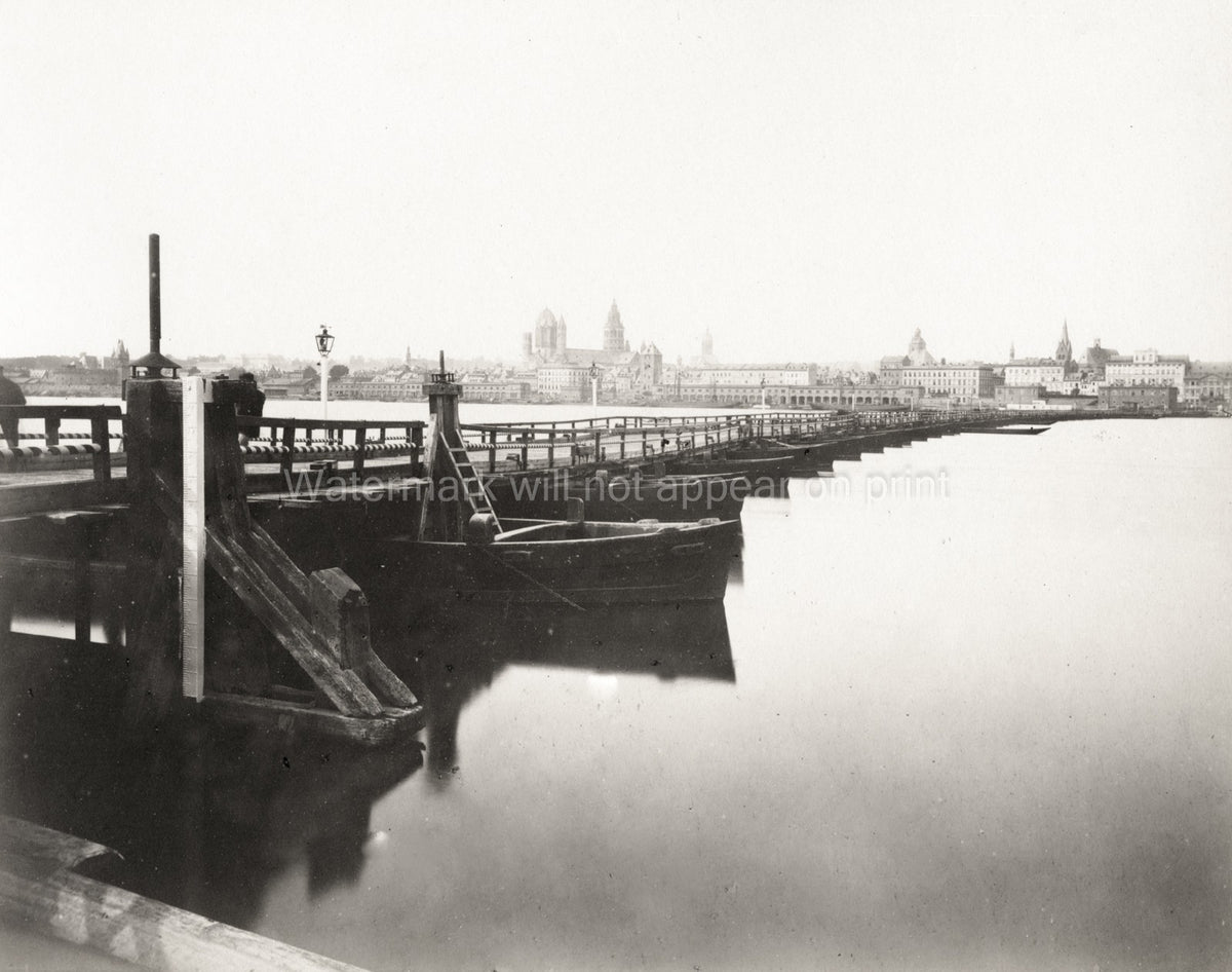 Mainz Germany Cityscape River Pontoon Bridge Cathedral Skyline Vtg. Photo 19thC.