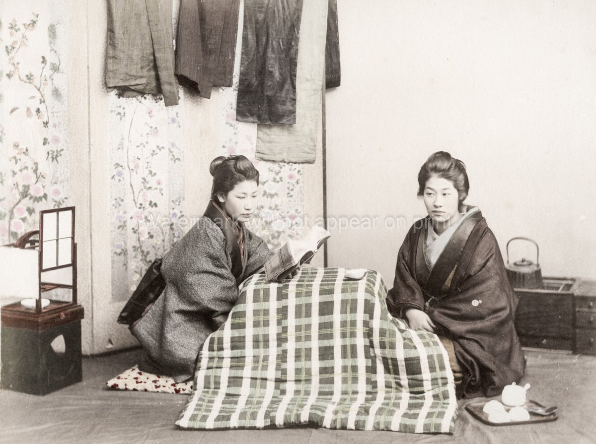 Japanese Women Reading Book Kimono Kotatsu Table Home Life Vtg. Photo 19thC.