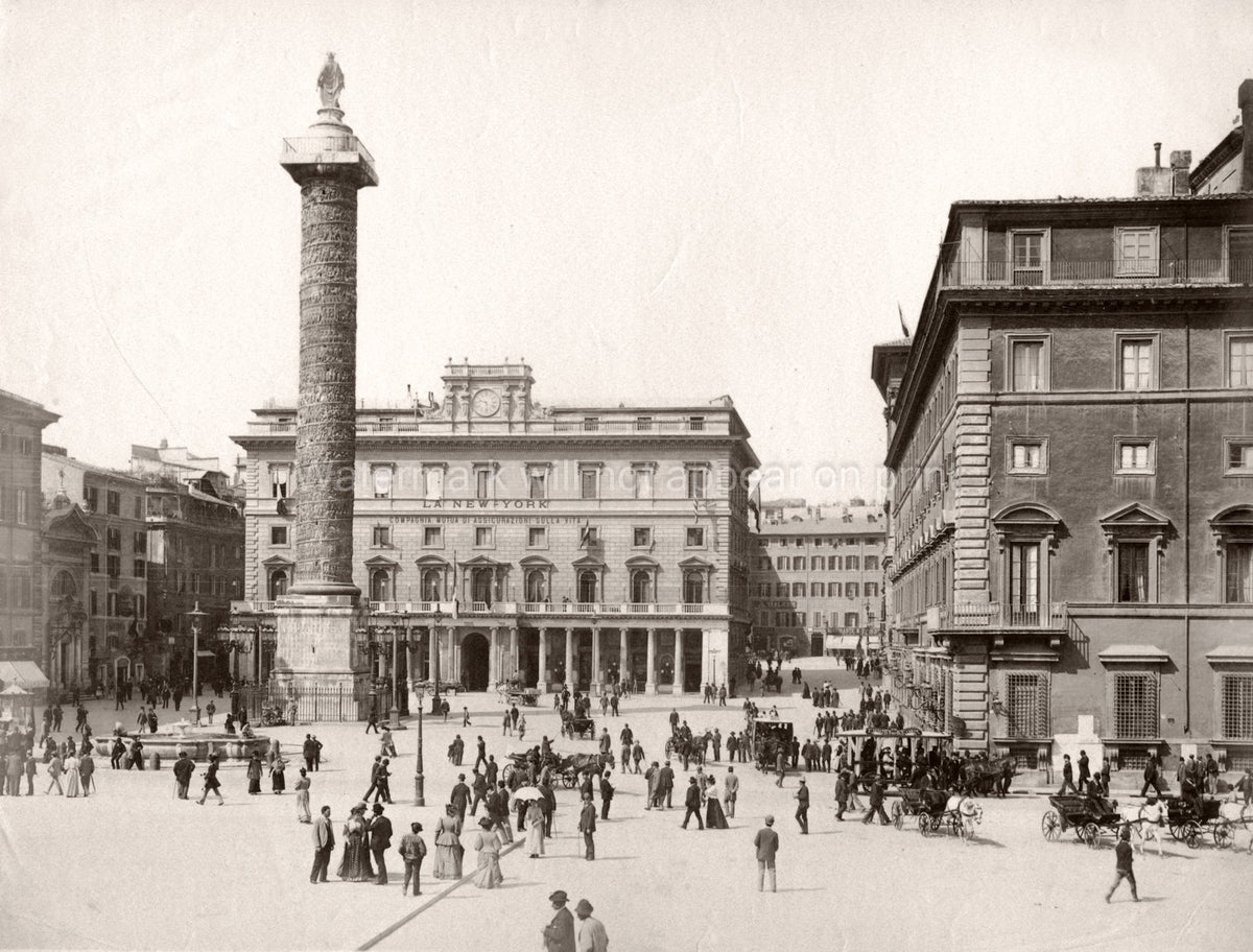 Rome Piazza Colonna Column Pedestrians Street Scene Carriages Vtg. Photo 19thC.