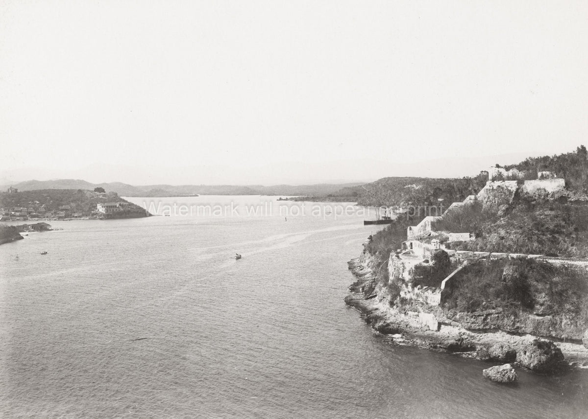 Cuba Santiago Harbour View Morro Castle Bay Seascape Boats Vtg. Photo 19thC.