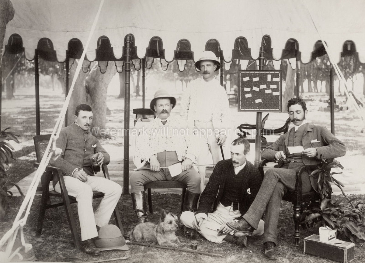 British Army Raj Officers India Group Portrait Tent Pith Vtg. Photo 19thC.