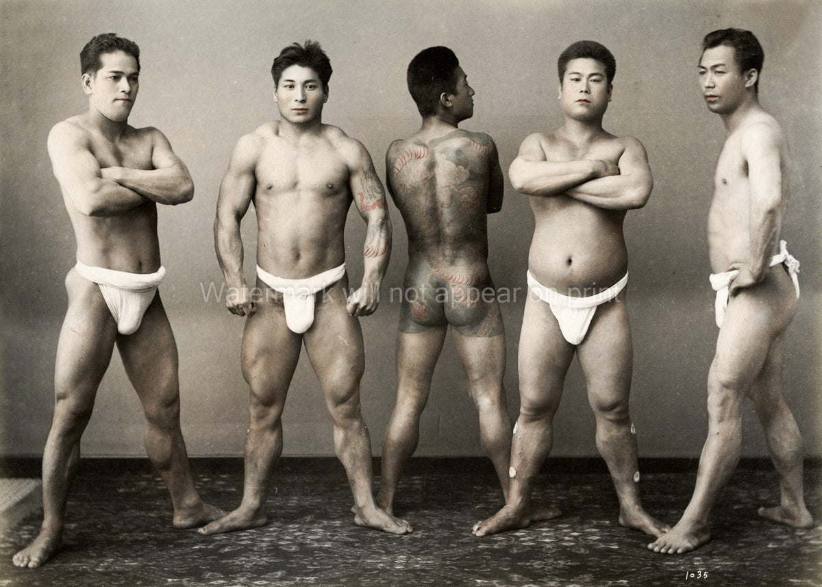 Japanese Sumo Wrestlers Tattoos Tattooing Martial Arts Vtg. Photo 19thC.