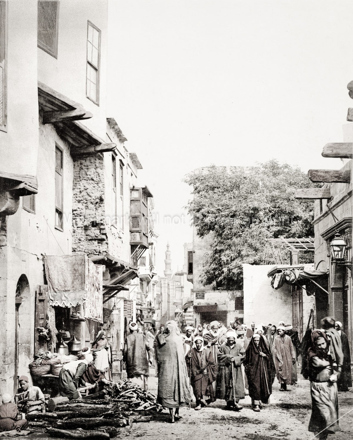 Cairo Egypt Funeral Procession Street Scene Minaret Mourners Vtg. Photo 19thC.