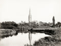 Salisbury Cathedral England Spire River Reflection Gothic Vtg. Photo 19thC.
