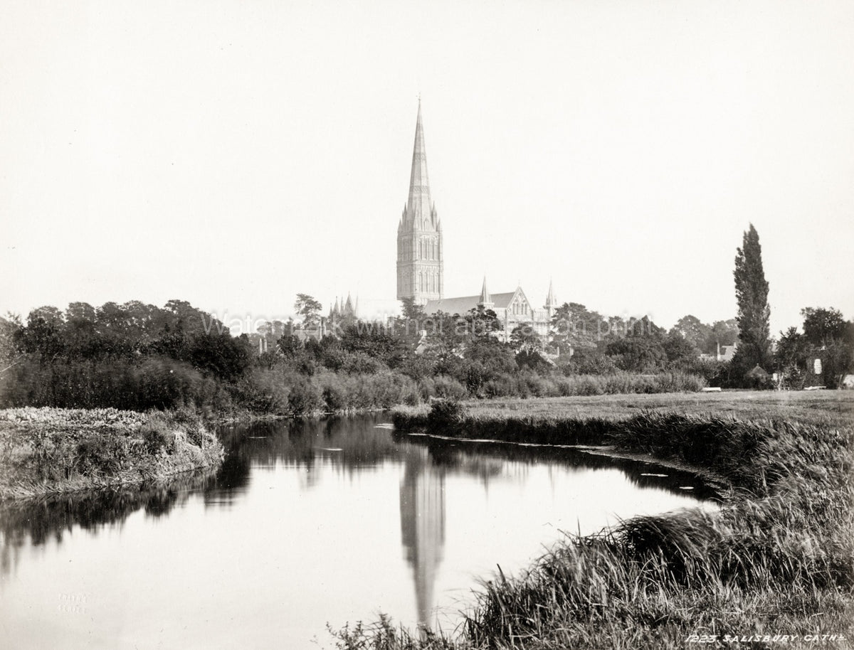 Salisbury Cathedral England Spire River Reflection Gothic Vtg. Photo 19thC.