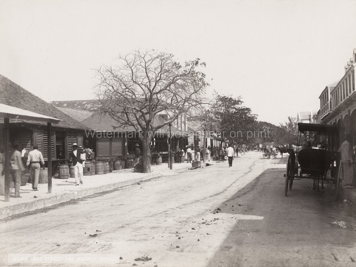 Nassau Bahamas Bay Street Market Scene Horse Carriage Shops Vtg. Photo 19thC.