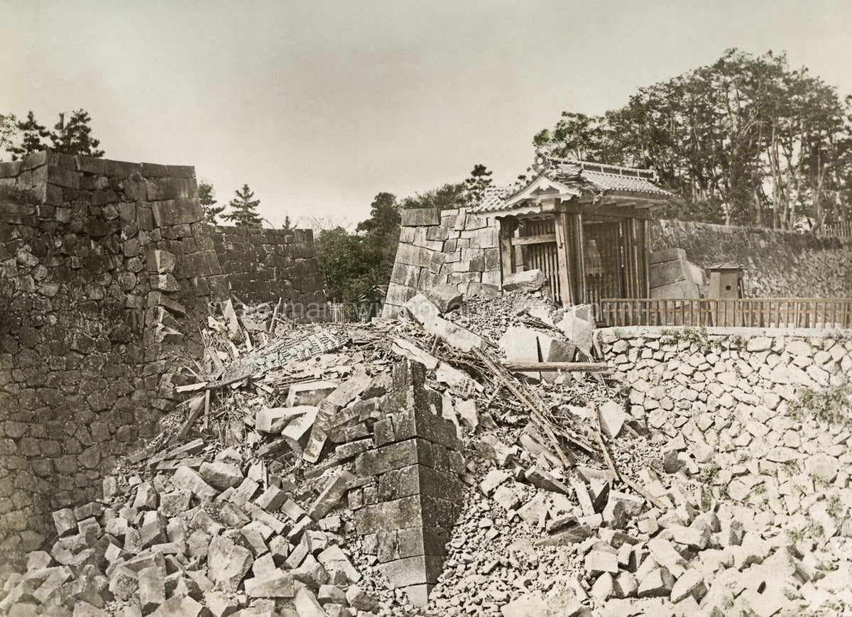 Japan Earthquake Damage Castle Wall Rubble Destruction Vtg. Photo 19thC.