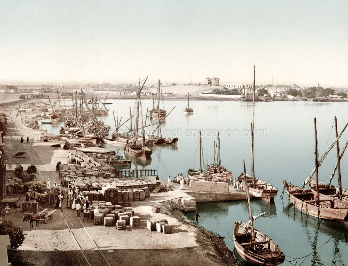 Port Suez Egypt Harbor Ships Boats Docks Commerce Vtg. Photo 19thC.