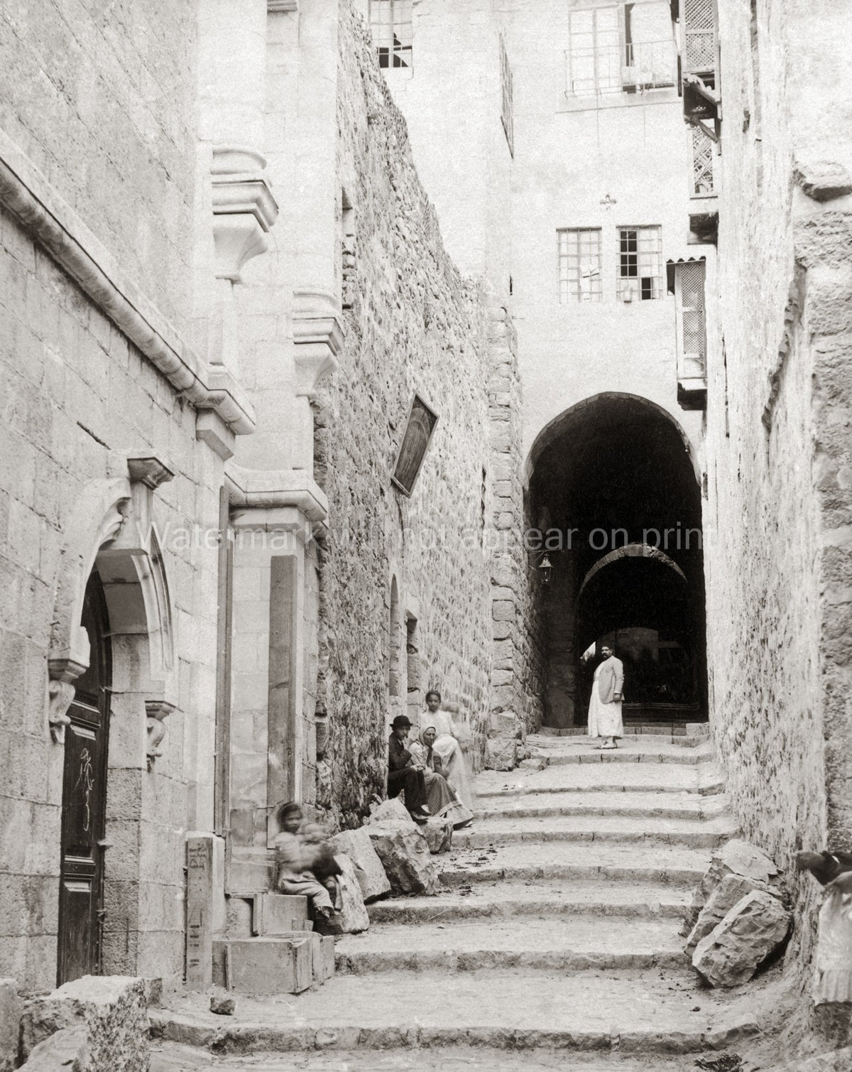 House St Veronica Jerusalem Alleyway Stone Steps People Vtg. Photo 19thC.