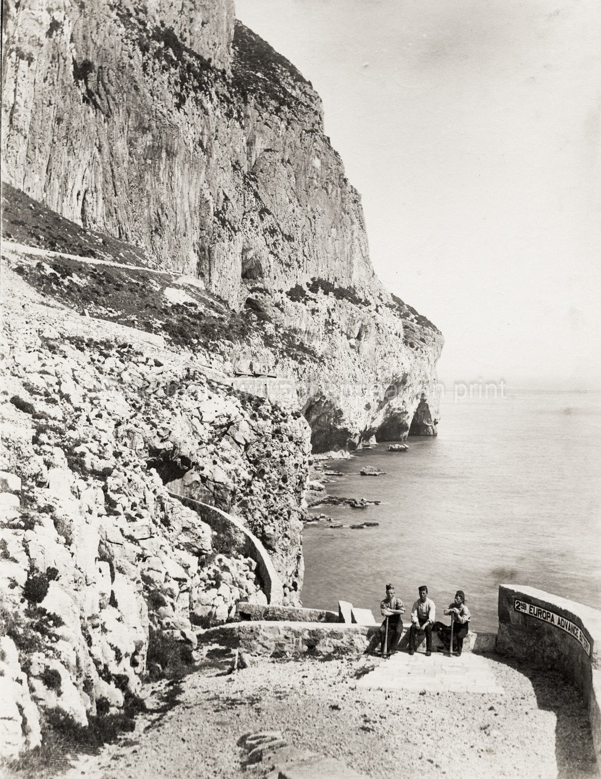Gibraltar Europa Gun Battery Military Soldiers Coastal Cliffs Vtg. Photo 19thC.