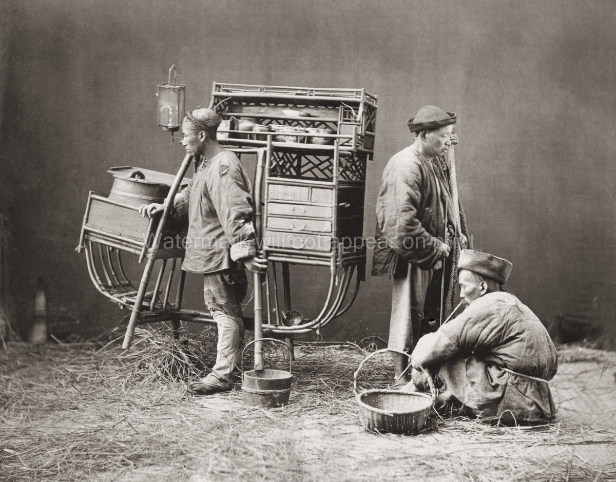 China Street Food Vendor Portable Stall Kitchen Men Workers Vtg. Photo 19thC.