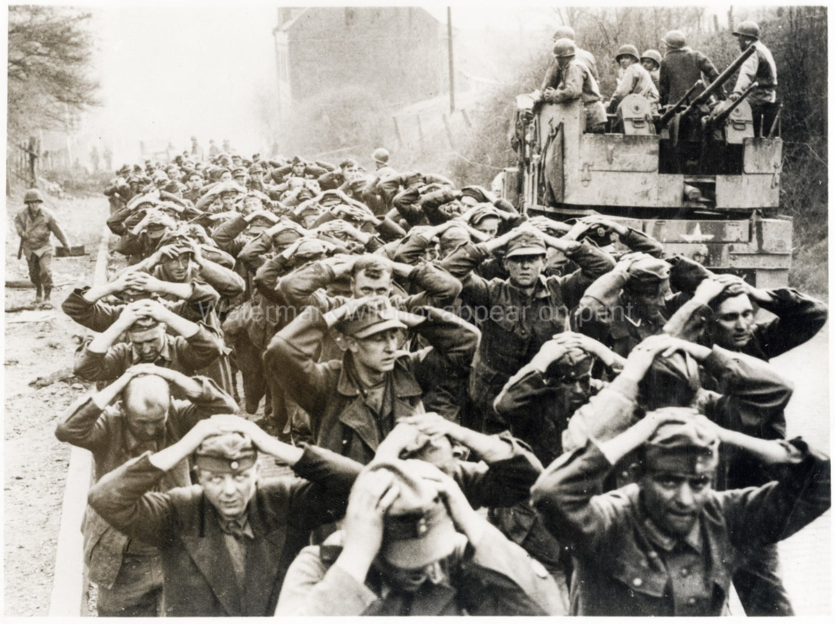 WWII German Prisoners Marching Captured Soldiers Army Troops Vtg. Photo 20thC.
