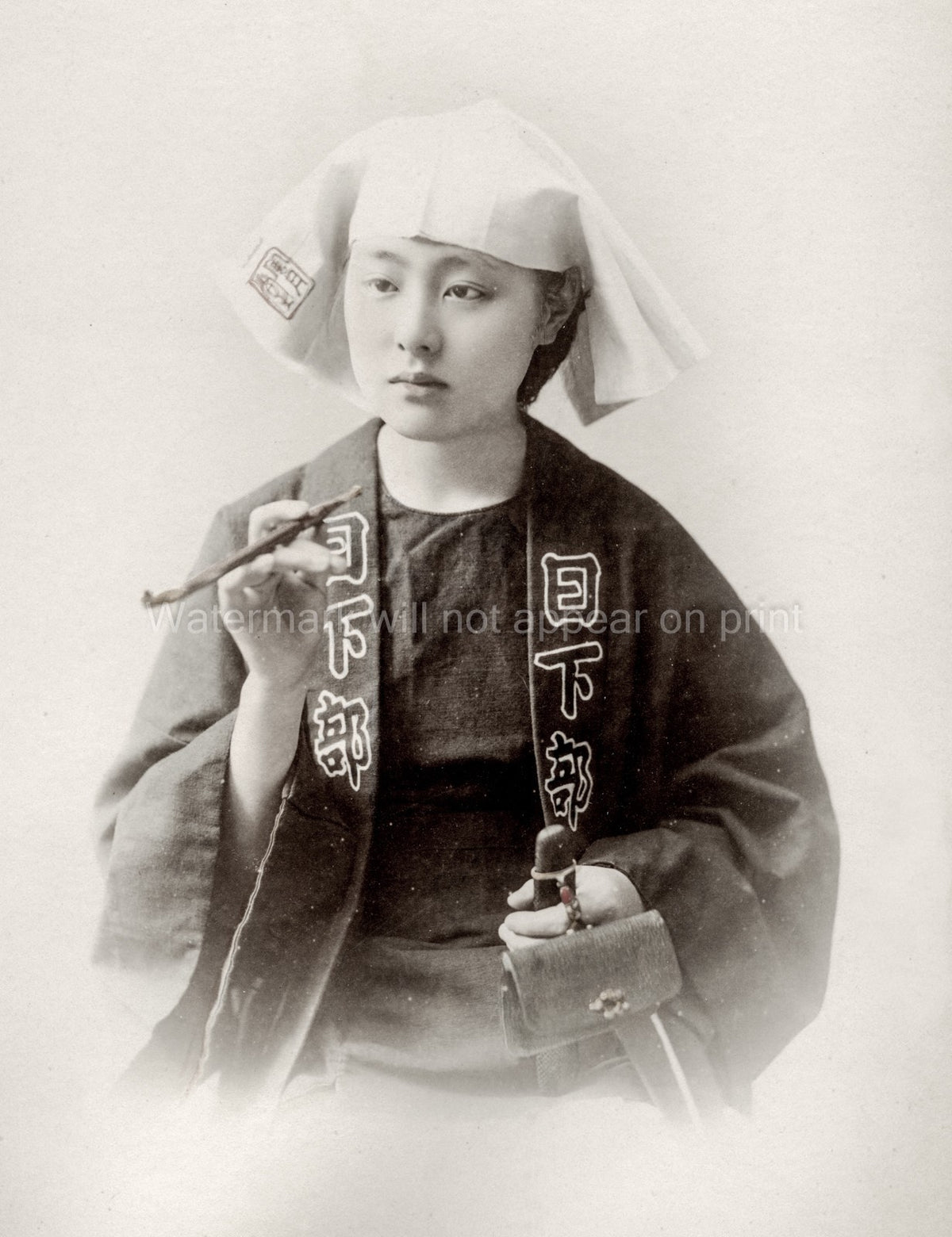 Japan Young Woman Smoking Kiseru Pipe Traditional Attire Vtg. Photo 19thC.