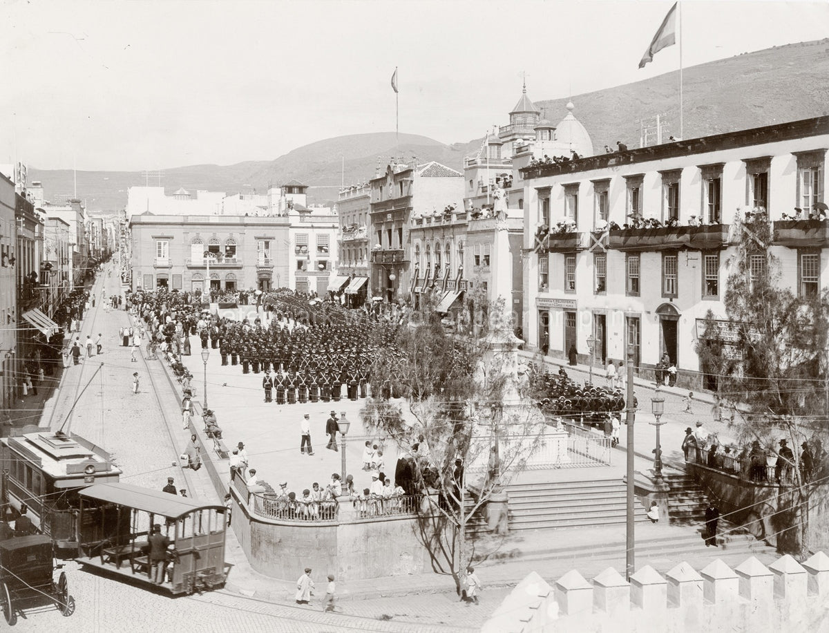 Tenerife Plaza de la Constitucin Parade Military Crowd Vtg. Photo 19thC.