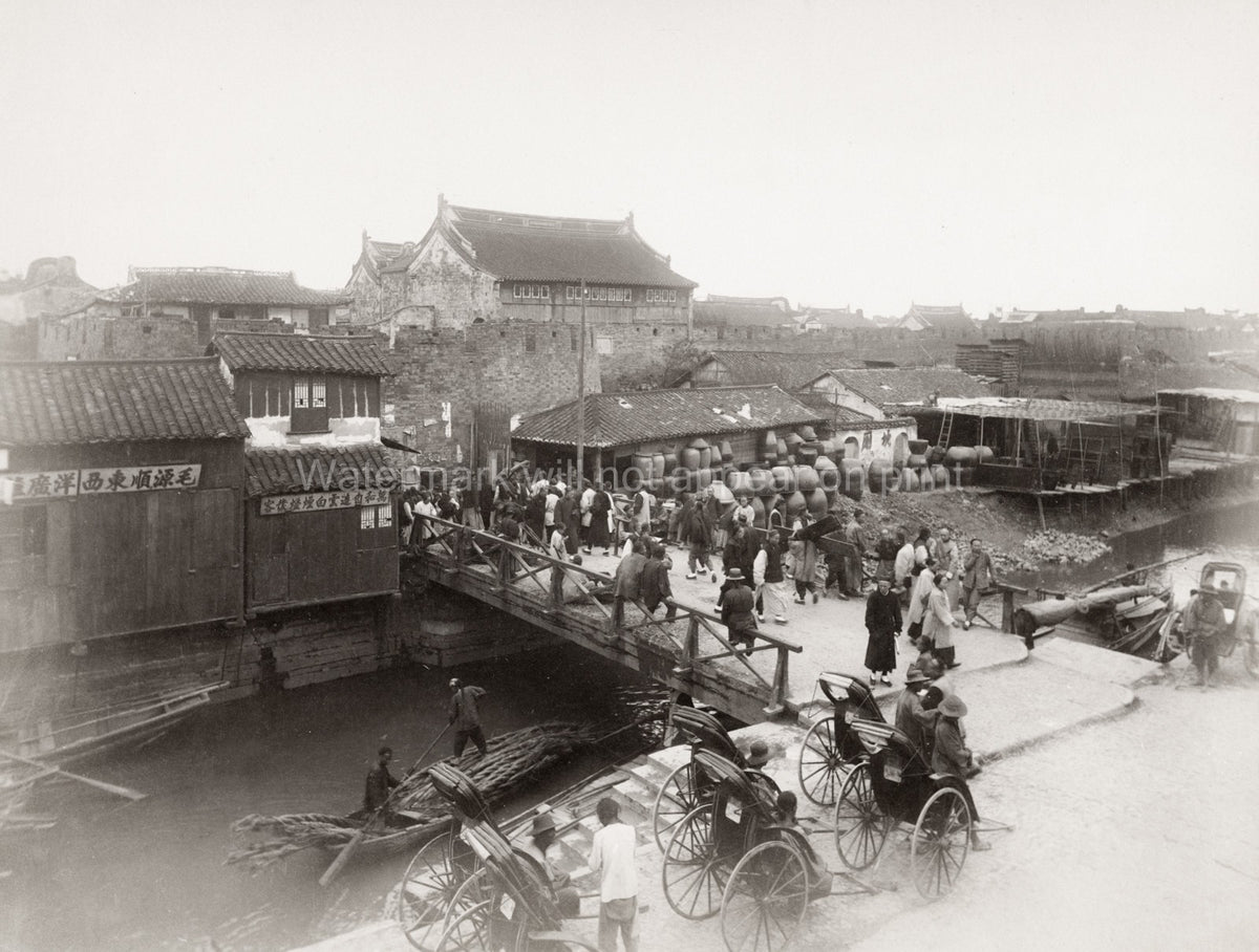 Shanghai China Bridge River Busy Traffic Rickshaws Vtg. Photo 19thC.