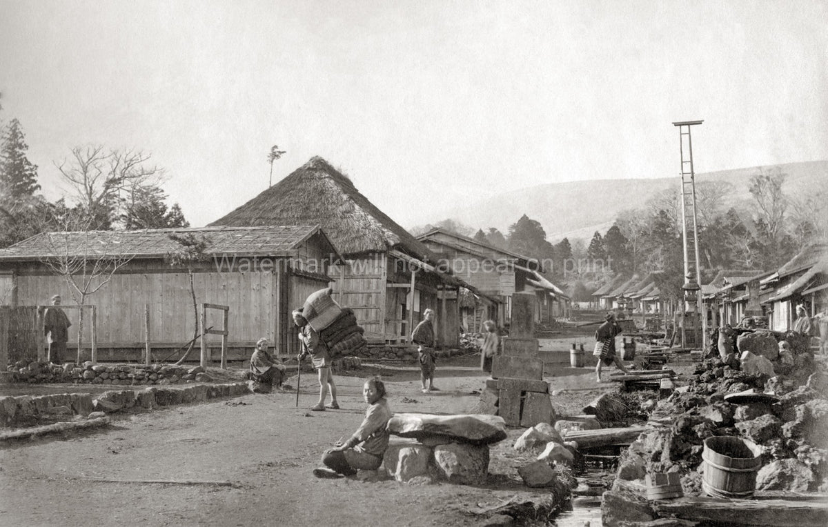 Japanese Village Street Life Rural People Thatched Roofs Vtg. Photo 19thC.