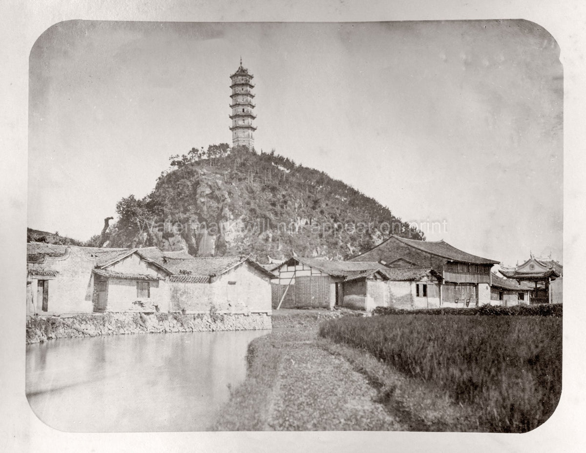 China Yangtze River Hilltop Pagoda Village Landscape Rural Vtg. Photo 19thC.