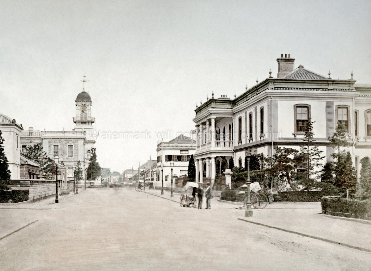 Yokohama Japan Street Scene Clock Tower Rickshaws Architecture Vtg. Photo 19thC.