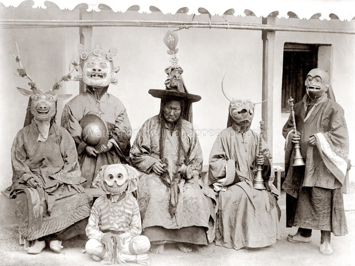 Northern India Lamas Priests Masks Costumes Ritual Ceremony Vtg. Photo 19thC.