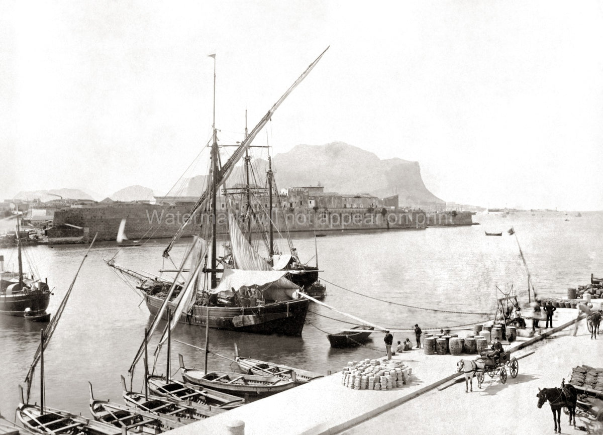 Palermo Italy Waterfront Harbor Ships Docks Sailing Masts Vtg. Photo 19thC.