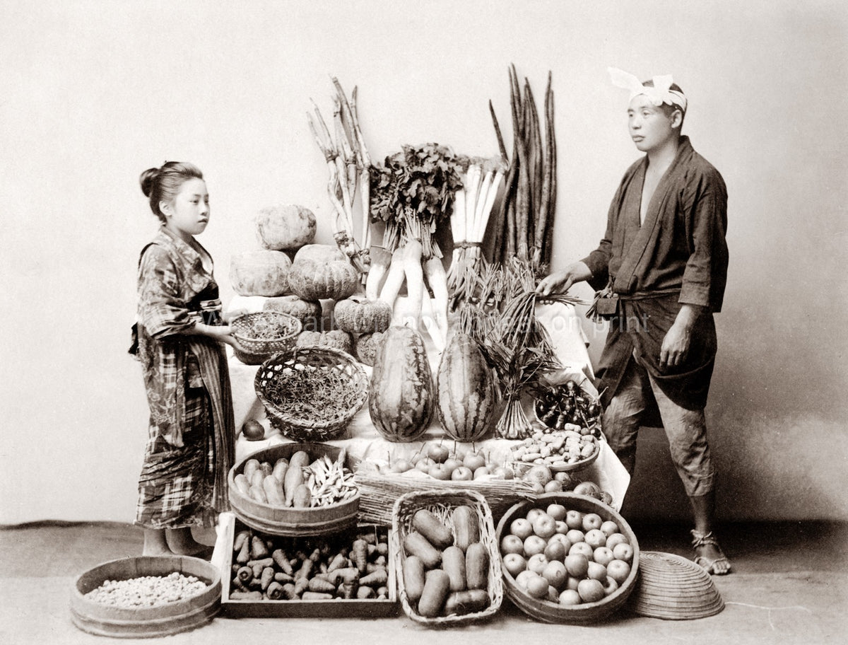 Japan Man Selling Fruit Vegetables Vendor Market Stall Girl Vtg. Photo 19thC.